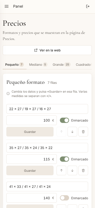 Panel de estadísticas adaptado a móvil