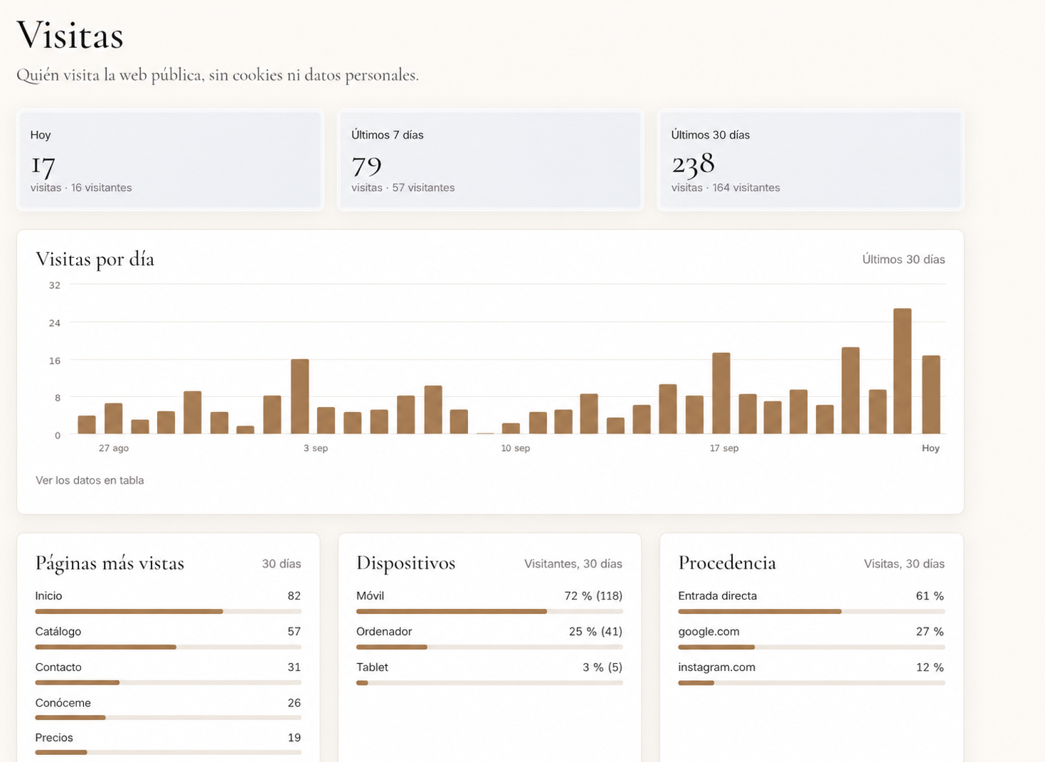 Dashboard de estadísticas de visitas sin cookies